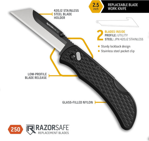 OUTDOOR EDGE 2.5" RAZOR-WORK - RazorSafe Replaceable Blade Folding Utility Knife (Black, 2 Blades) by OUTDOOR EDGE