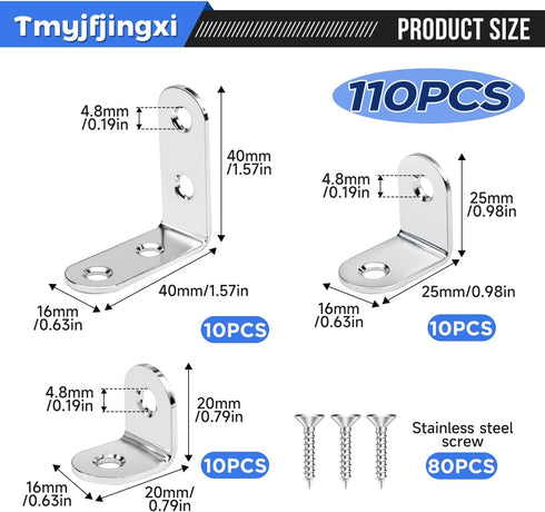 30Pcs 3Sizes 80Pcs (0.79x0.79inch 1x1inch 1.57x1.57inch) YY025-S Silver L Corner Brackets for Wood Angle L Shelf