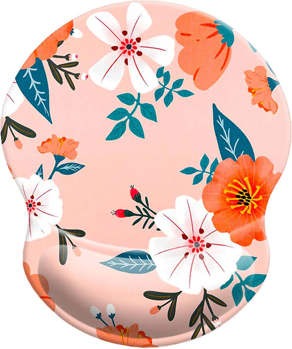 Ergonomic Design Mouse Pad with Wrist Rest Support, Cute Non-Slip PU Base Pain Relief Mousepad (Wrist Flowers Pink A)