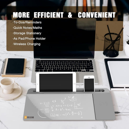 SELEAD Desktop Glass Whiteboard with Wireless Charger Station, Dry Erase Board for Home, School, Office Desk