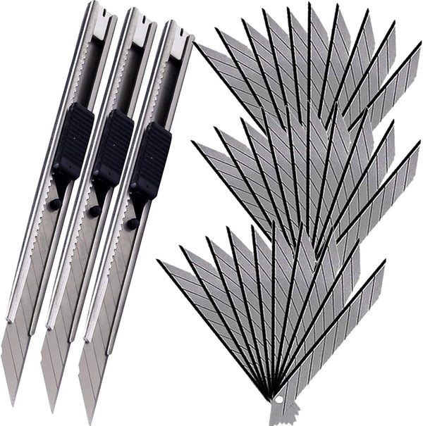 9mm Snap Off Utility Knife 3 Pack, High Hardness Retractable Box Cutters with 30 Pcs Blades
