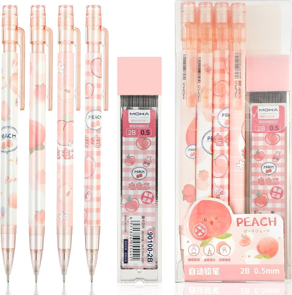 Pink Peach Mechanical Pencil Set, 4pcs Cute Mechanical Pencils with 0.5MM Refills & Top Erasers for School Supplies
