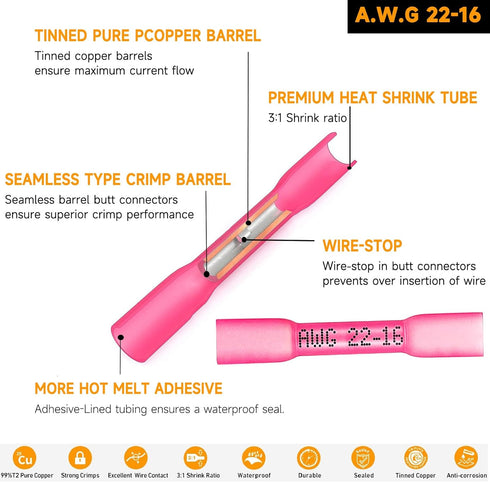 150 PCS 22-16 AWG Heat Shrink Butt Connectors RED Pre-Insulated Marine Grade Insulated Butt Splice Connectors
