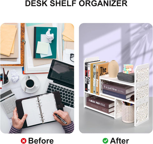 EARTHSON Desk Organizer Shelf, Expandable Bookshelf for Desk, Small Desktop Bookshelf, Mini Cute White Adjustable