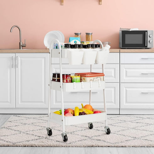 danpinera 3-Tier Rolling Cart, Metal Storage Cart with Lockable Wheels, Mobile Trolley for Kitchen, Bathroom