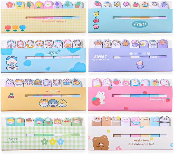 Cute Animals Plant Foods Mini Sticky Notes, 8 Styles Cartoon Flags, Self-Stick Fun Post it Notes, 120 Sheets/Pack