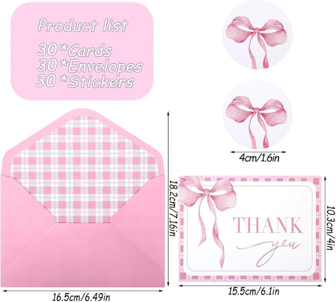 OIPKKUI 30Pack Pink Bow Thank You Cards with Envelopes Stickers Bow Blank Note Card Watercolor Greeting Card