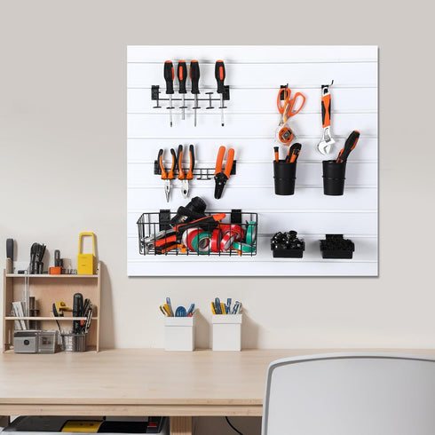 28 Pcs Slatwall Accessories Organizer Kit, Slatwall Hooks, Bins, Cups, and Basket for Garage Kitchen Organization