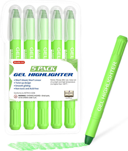 Shuttle Art 5 Pack Green Gel Highlighters - No Bleed Bible Journaling Supplies for Highlighting and Studying