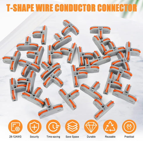 EEEKit 30Pcs Compact Wire Conductor Connector, T-Shape Lever Nut Quick Splitter 3 Way Electrical Connectors, AWG 28-12