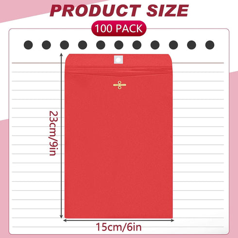 Geyee 100 Pcs 6 x 9 inch Clasp Envelopes Manilla Envelopes Gummed Mailing Envelopes Clasp Closure for Storing or Mailing Colored Envelopes for Home Office Business School (Red)