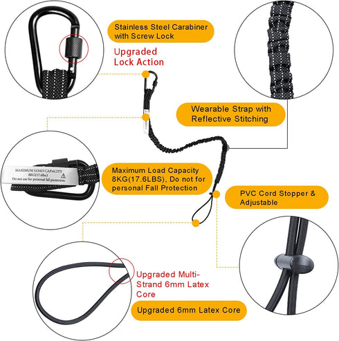 3 Pack Retractable Tool Lanyard, Safety Fall Protection Tools Leash with Aluminum Screw Lock Carabiner Clip and Adjustable Loop End, Tough Scaffold Tether for Construction Roofing (Black+Black+Black) by TONGMAO