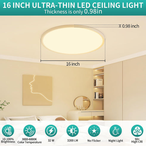 16 Inch Light,32W Remote,Dimmable 3000K-6000K,White,3200LM,Memory LED Flush Mount Ceiling Ultra-Thin Modern Round Light