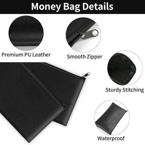 Hoiny 2 Pack 11x6.1 Inch Money Bags with Zipper, PU Leather Cash Pouch, Secure Bank Bag for Coins, Bills, Checks