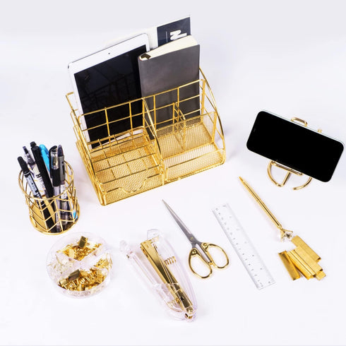 Gold Desk Organizers and Accessories Set - Office Supplies with Stapler, Pen Holder, Phone Holder, Scissors, Clips,