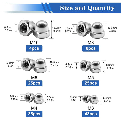 smseace 140Pcs 304 6-Sizes M3/M4/M5/M6/M8/M10 Stainless Steel Acorn Nuts Assortment Kit Bolt Covers Caps