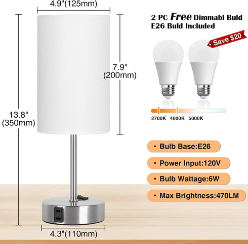 ZJOJO Table Lamp for Bedroom Set of 2, Small Bedside Lamps with 3 Way Dimmable Rocker Switch and AC Outlet, Nightstand