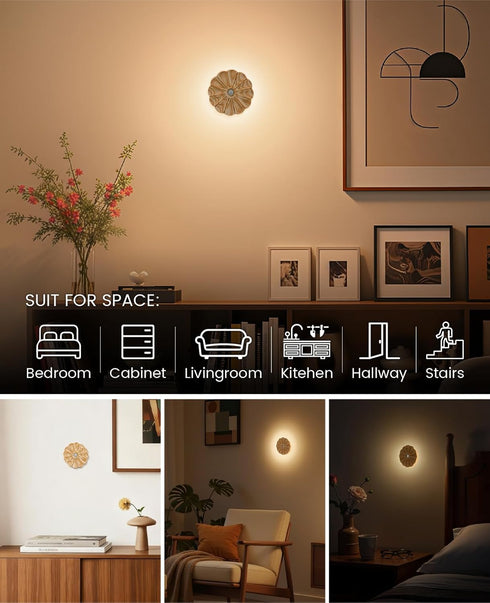 Night Light Wooden Carved Flower Mini USB Rechargeable Motion Sensor Nightlights Magnetic Wall Light for Hallway