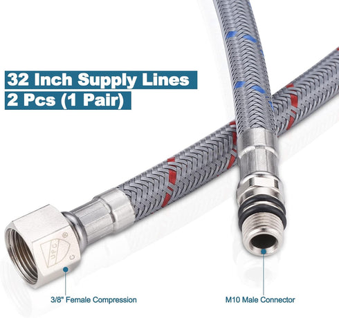 32 Inch Faucet Supply Lines 3/8" Female Comp M10 Male (1 Pair), ARCORA 30" Braided Nylon Bathroom Faucet Hose