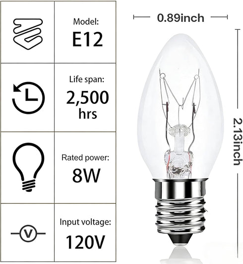 Hrsovii C7 Bulb, 8W E12 Bulb, Dimmable (Pack 15) Clear Incandescent Light Candelabra Base Suitable for Christmas String