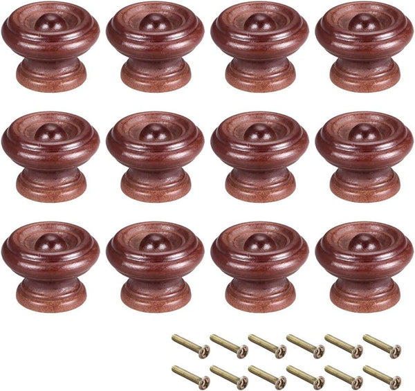 uxcell Round Wood Knobs, 12Pcs, 37mm Dia Cabinet Pulls for Dresser Drawer, Wardrobe, Dark Red