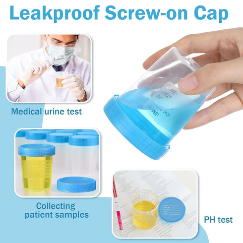 Geiserailie 200 Pcs Disposable Urine Specimen Cups, 4oz Leak Proof Screw on Container for Safe Sample Analysis (Blue)
