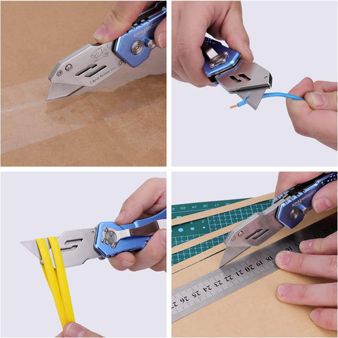 Amazon Basics Folding Utility Knife - Lightweight Aluminum Body with Holster, Light Blue