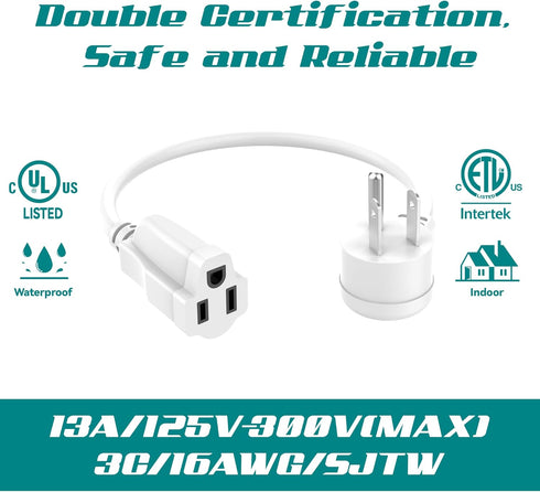 2 Pack 2FT/24Inch Power Extension Cord, Heavy Duty 16 AWG, Waterproof, Flexible, Indoor Use, White