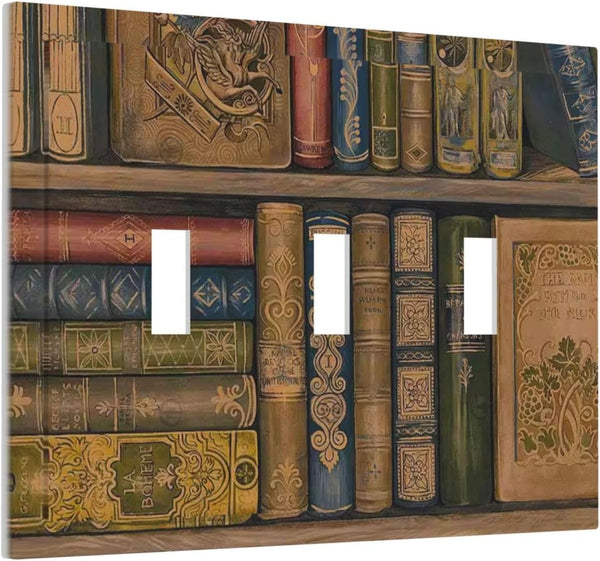 Retro Bookshelf Vintage Bookcase 3 Gang Light Switch Plate Triple Toggle Wall