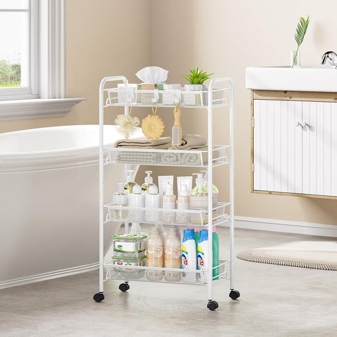 4-Tier 3 SYKIARIOL Metal Utility Cart, Mesh Wire Rolling Cart on Wheel, Storage Trolley with Easy Assembly, Organizer