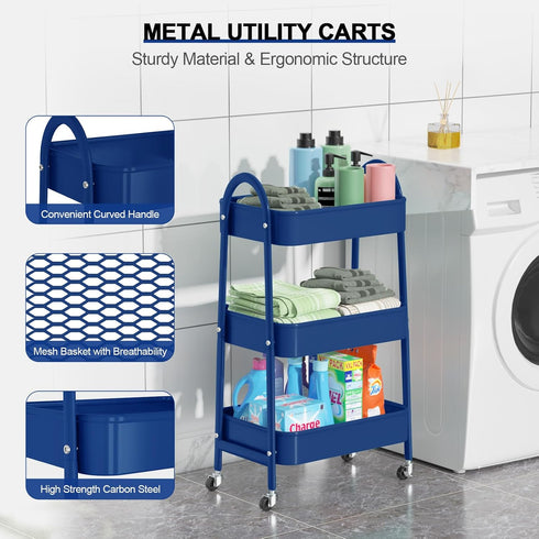 EAGMAK 3 Tier Utility Rolling Cart, Metal Storage Organizer Trolley with Handle and Lockable Wheels for Kitchen, Office