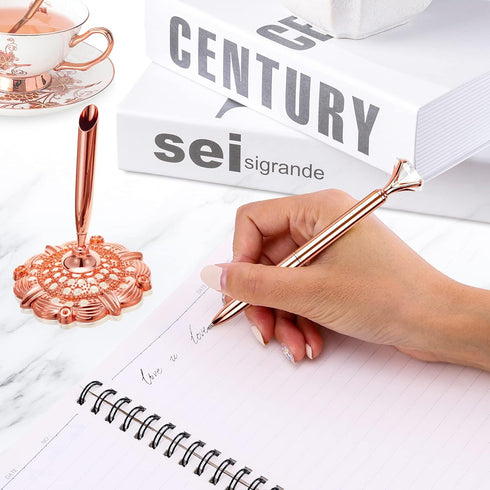 Hollow Round Pen Holder Set, Signing Pen with Big Diamond Crystal Pen for Wedding, Rose Gold