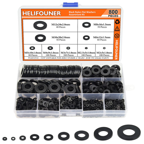 800 Pieces Black Nylon Flat Washers Assortment Kit - 9 Sizes M2 M2.5 M3 M4 M5 M6 M8 M10 M12 (Not Rubber Washer)