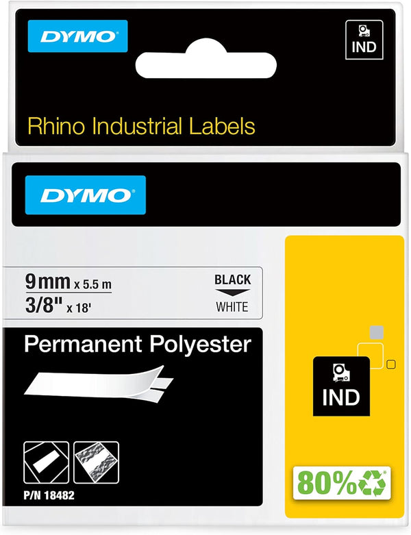 DYMO Rhino Industrial Permanent Polyester Labels, 3/8", Black Print on White Tape