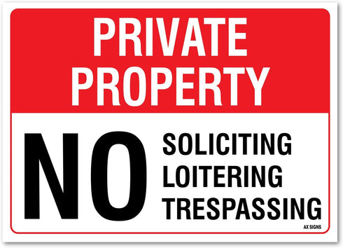 No Soliciting No Loitering No Trespassing Sign - Private Property Legend 10 x 14 Inch Self-Adhesive Vinyl Sticker