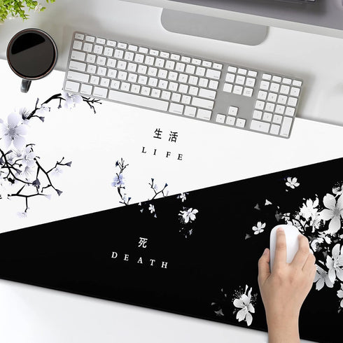 Black White Cherry Blossom Mouse Pad Japanese Sakura Death Life Flower Extended Desk Mat 80X30 cm Non-Slip Rubber Base Stitched Edge Large XL Playmat for Keyboard Gaming Laptop Desktop,31.5×11.8 Inch by aportt