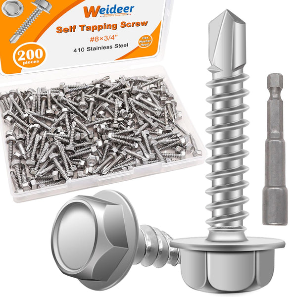 weideer 200pcs #8×3/4" Self Tapping Screws - 410 Stainless Steel Hex Washer Head Self Drilling Screws with Screwdriver