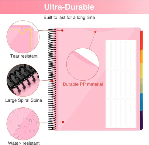 Forvencer 24 Pocket Project Organizer, 1/3-cut Tab Binder with Sticky Labels, Multi Pocket Folder, Blush