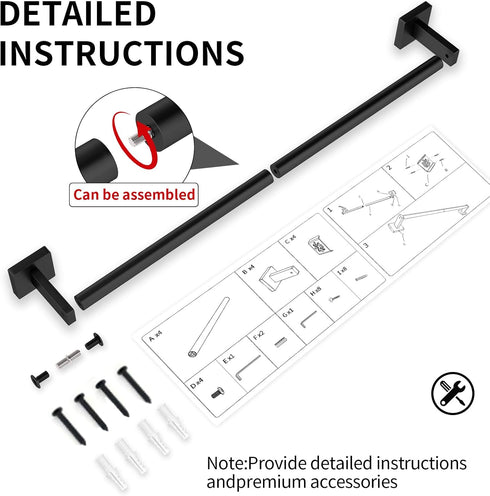 24" 2 Pack MKO Towel Bar for Bathroom, Hand Towel Holder Rod with Metal, Black Towel Racks for Bathroom Hanger Wall