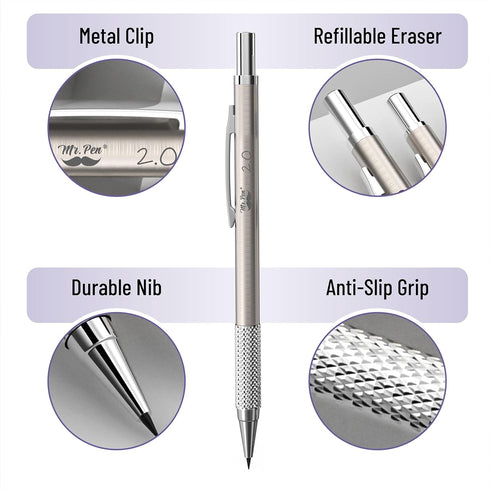 Mr. Pen Metal Mechanical Pencil Set - 5 Sizes in Leather Case for Sketching, Drafting, Mechanical Pencils
