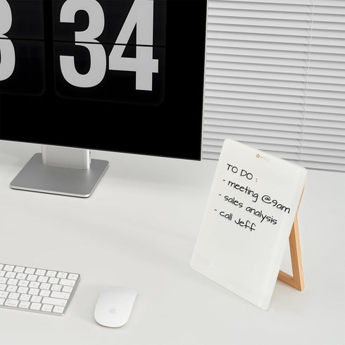 Desktop Glass Whiteboard with Reversible Wood Stand, Mini Dry Erase Easel 9.5"x6.7" for Desk, Accessories Included