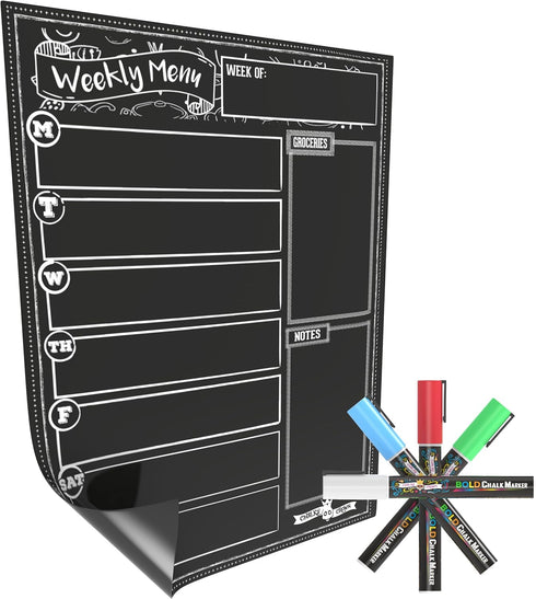 Magnetic Dry Erase Menu Board for Fridge, Includes 4 Liquid Chalk Markers, Weekly Meal Planner Blackboard