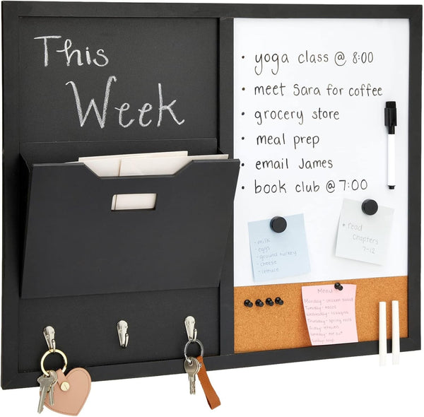 Juvale Wall Mounted Organizer, Message Command Center, Family Office Whiteboard, Chalkboard, Cork Board Combo