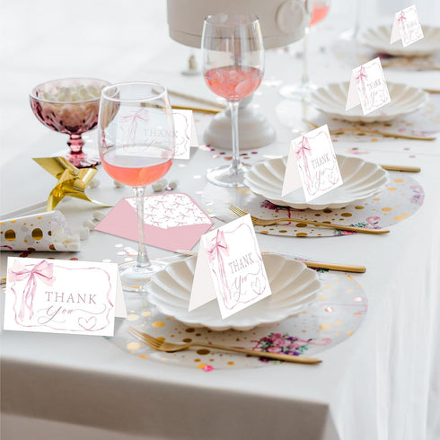 SMUAENSS 24 Pack Pink Bow Thank You Cards, Bowknot Bridal Shower Greeting Card with Envelopes and Stickers for Birthday