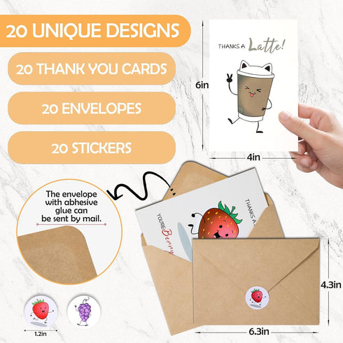 XXINMOH Set 20, 4x6 INCH Premium Funny Thank You Cards of Unique Teacher Appreciation Cards with Envelopes, Cute Notes