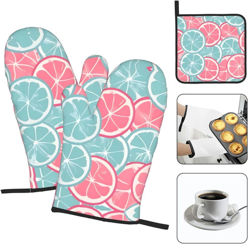 KUZEOLON Pink Blue Citrus Slices Two Heat-Resistant Gloves + one Pot lid mat, Suitable for Kitchen Grilling.
