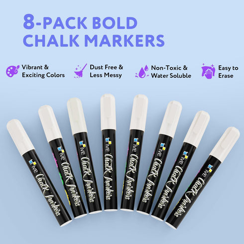 TFIVE White Chalk Markers - Dry & Wet Erase Marker Pens for Chalkboards, Signs, Windows, Blackboard, Glass, Mirrors, Liquid chalkboard markers with Reversible Tip and 24 Labels(8 Pack) by TFIVE