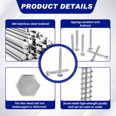 Blulu 60 Pcs 304 Hex Head Lag Screws - Stainless Steel Lag Bolts for Wood, 1/4" x 2-1/2"