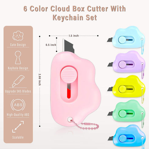 Muclip Set 6 Pack Envelopes,Package,Mail,DIY,Paper (6 Cloud Shaped Retractable Box Cutter - with Key Rings,Stainless
