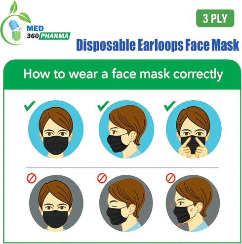 300 Pack 3 Black Ply Disposable Face Mask, Breathable Non Woven Layers Soft Earloop, Comfortable Fit for Adults Daily
